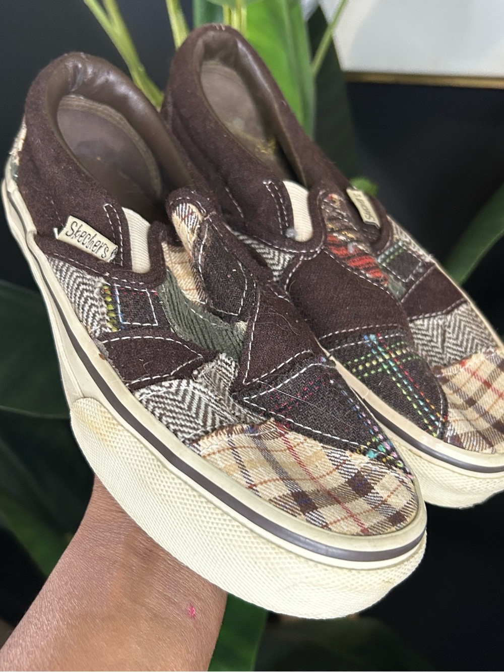 Skechers Brown Patchwork Plaid Slip-On Sneakers